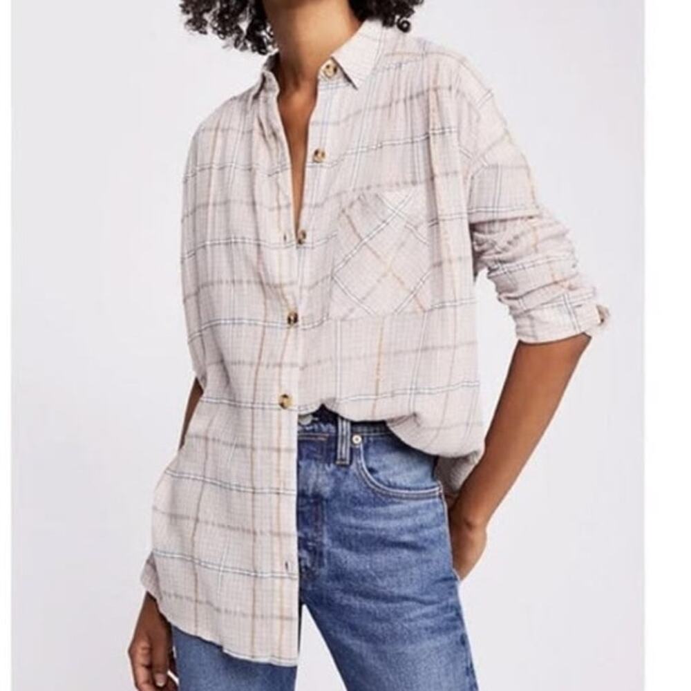 Free People Break My Stride Metallic Cotton Oversized Flowing Button Up Shirt